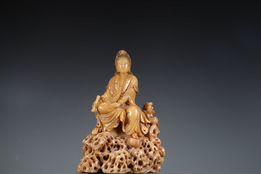 A0401 Superb Chinese Shoushan Tianhuang Stone Carved Kwan-yin Statue