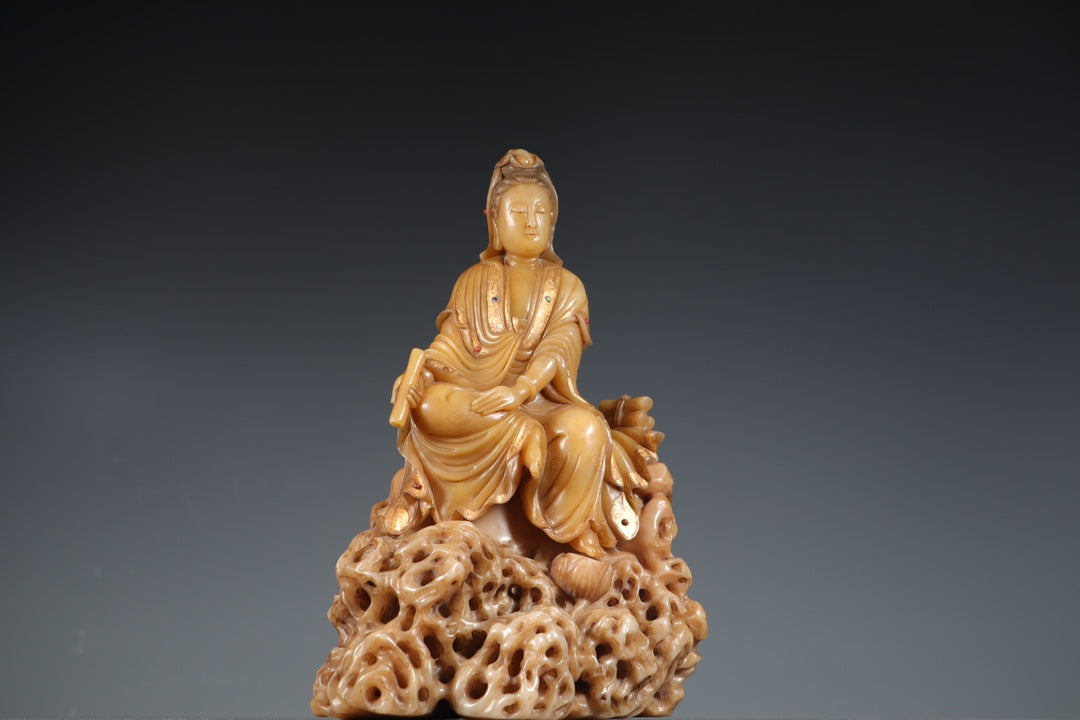 A0401 Superb Chinese Shoushan Tianhuang Stone Carved Kwan-yin Statue