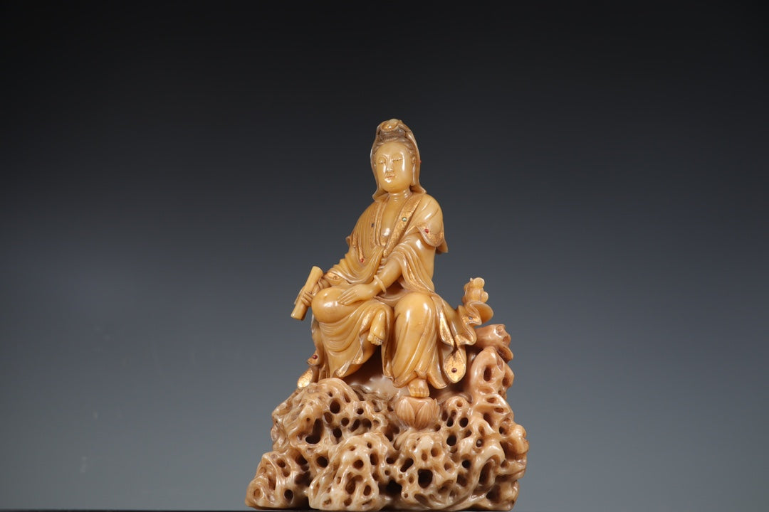 A0401 Superb Chinese Shoushan Tianhuang Stone Carved Kwan-yin Statue