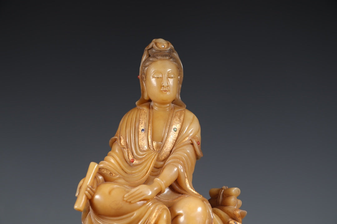 A0401 Superb Chinese Shoushan Tianhuang Stone Carved Kwan-yin Statue