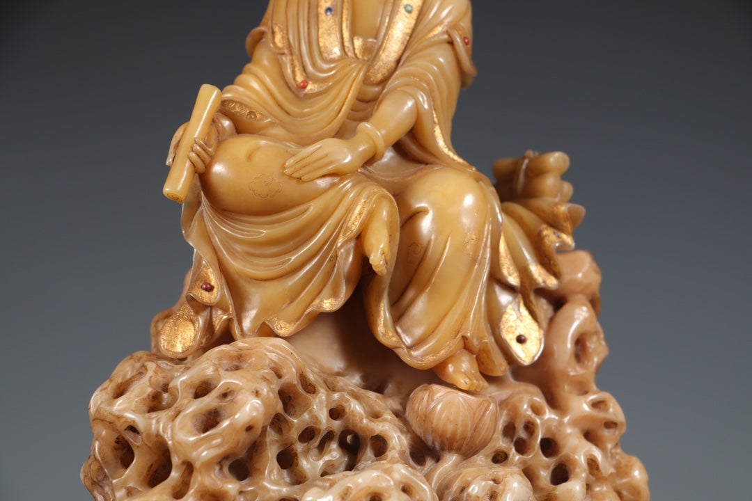 A0401 Superb Chinese Shoushan Tianhuang Stone Carved Kwan-yin Statue