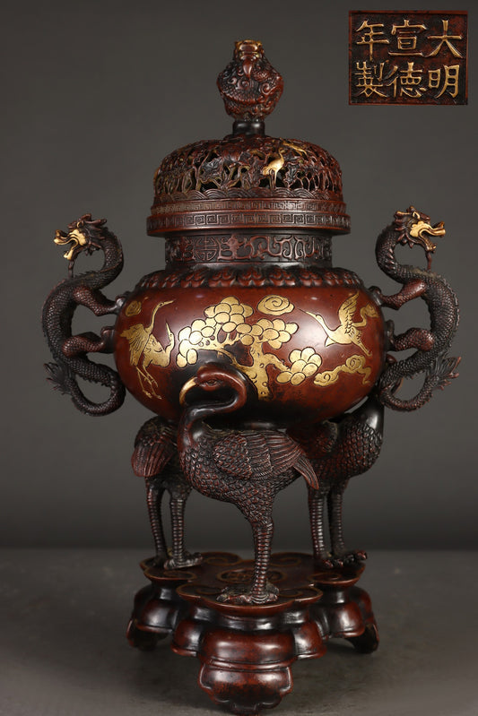 A0403 Vintage Chinese Gilt Gold Copper Double Ears Dragon & Crane Incense Burner