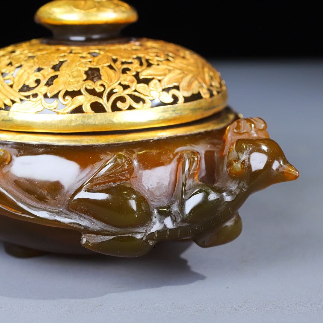 A0405 Vintage Chinese Inlaying Gold Edge Agate Carved Dragon & Phoenix Box