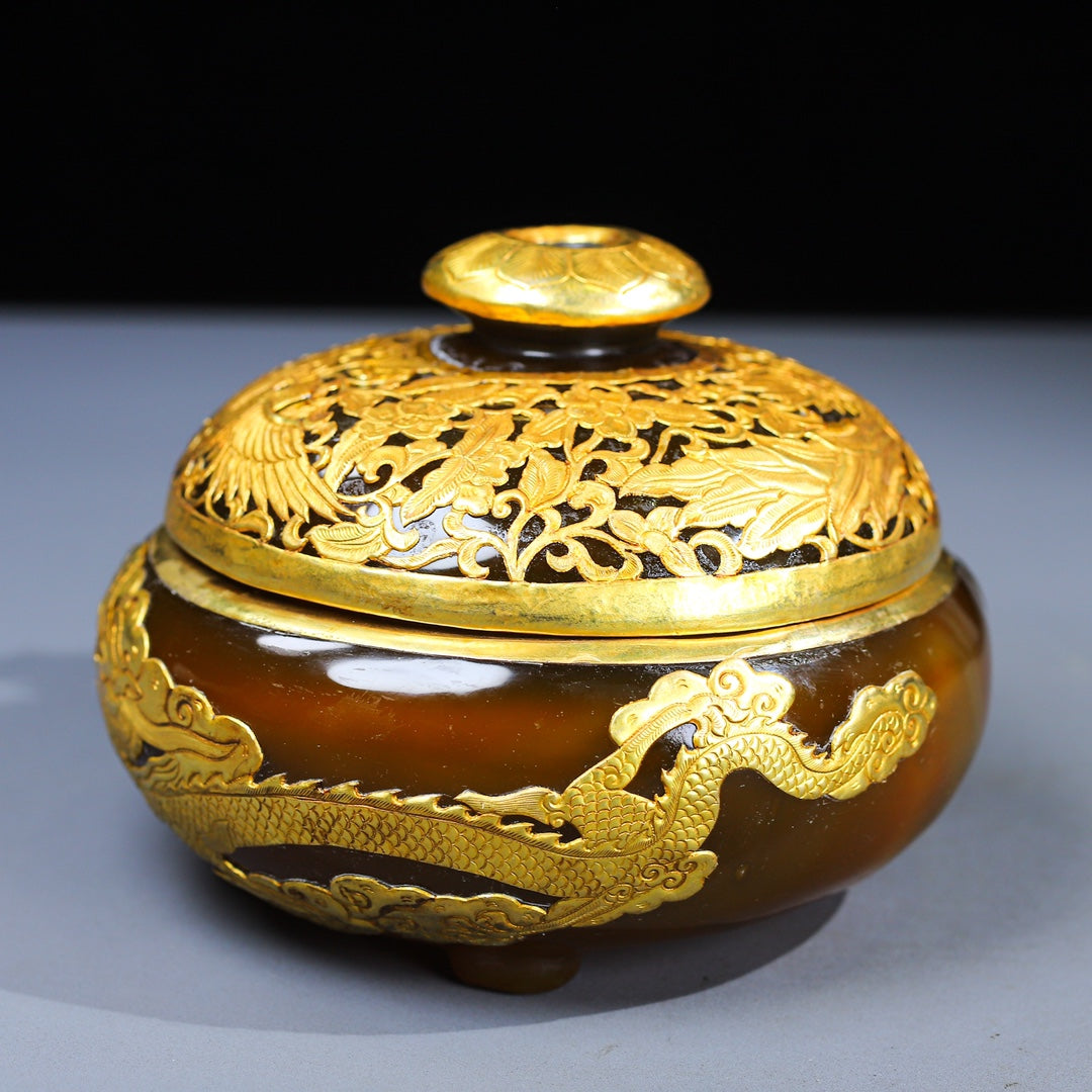 A0405 Vintage Chinese Inlaying Gold Edge Agate Carved Dragon & Phoenix Box