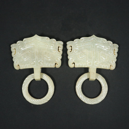 A0407 A Pair Chinese Natural Hetian Jade Carved Beast Face Door Knocker