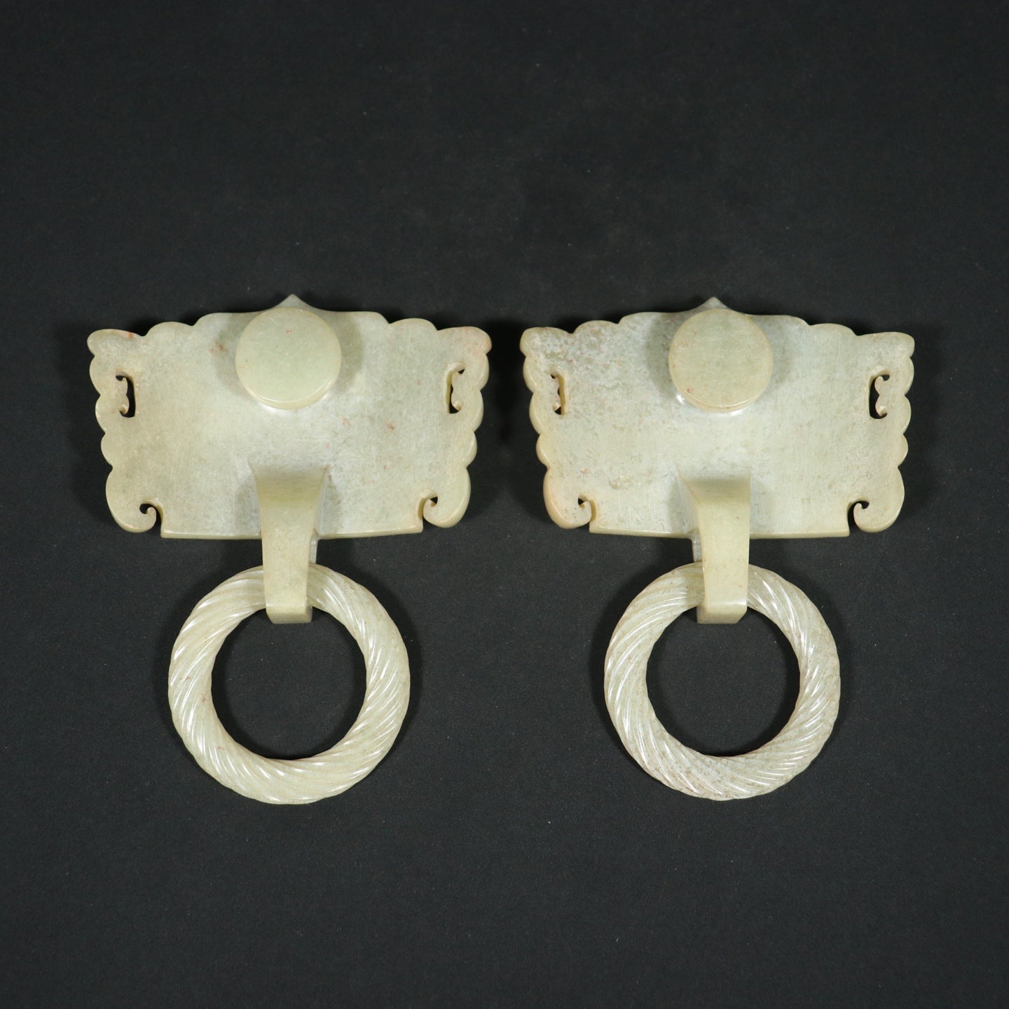 A0407 A Pair Chinese Natural Hetian Jade Carved Beast Face Door Knocker