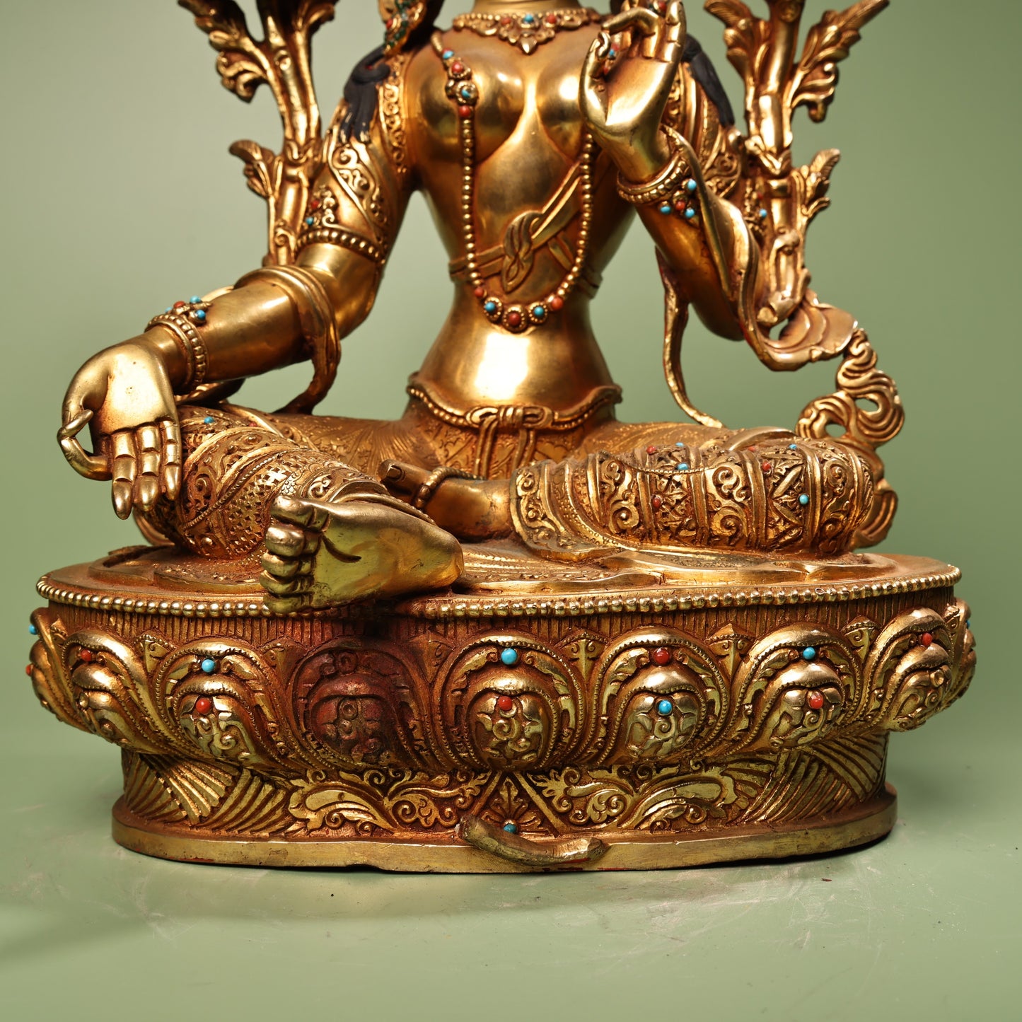 A0410 Tibetan Buddhism Gilt Gold Copper Inlay Gems Green Tara Statue