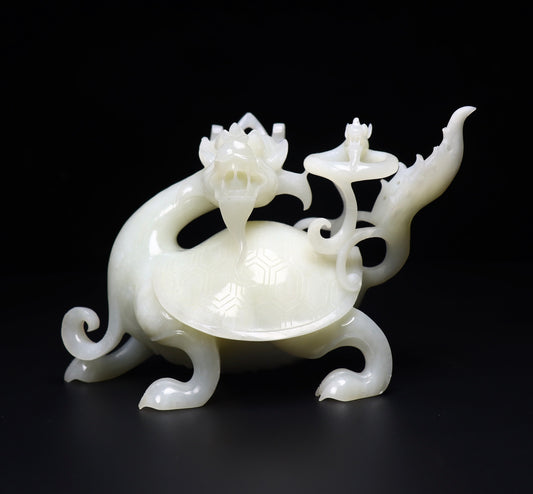 A0411 High Quality Chinese White Hetian Jade Carved Dragon Turtle Statue