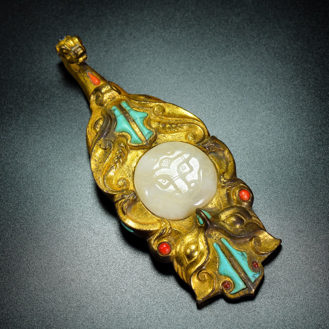 A0412 Vintage Chinese Gilt Gold Bronze Inlay Hetian Jade & Turquoise Dragon Belt Buckle