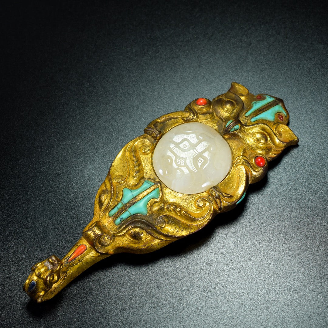 A0412 Vintage Chinese Gilt Gold Bronze Inlay Hetian Jade & Turquoise Dragon Belt Buckle