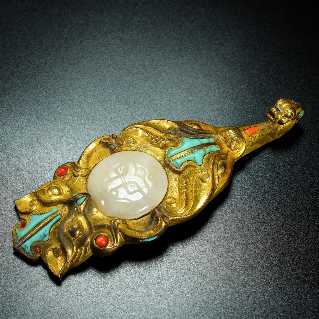 A0412 Vintage Chinese Gilt Gold Bronze Inlay Hetian Jade & Turquoise Dragon Belt Buckle