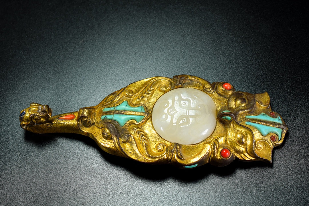 A0412 Vintage Chinese Gilt Gold Bronze Inlay Hetian Jade & Turquoise Dragon Belt Buckle