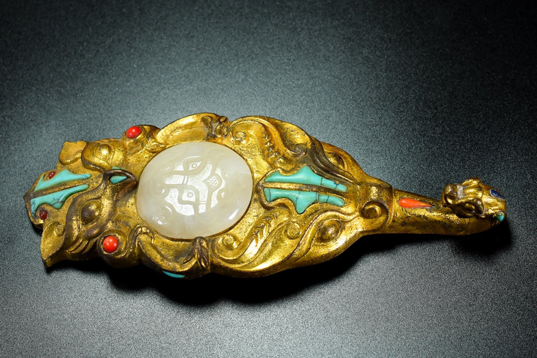 A0412 Vintage Chinese Gilt Gold Bronze Inlay Hetian Jade & Turquoise Dragon Belt Buckle