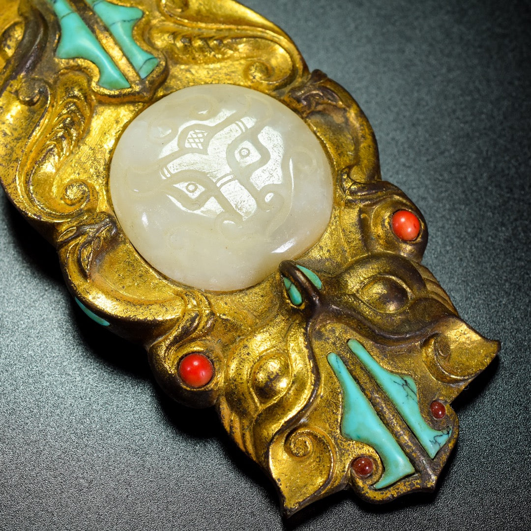 A0412 Vintage Chinese Gilt Gold Bronze Inlay Hetian Jade & Turquoise Dragon Belt Buckle