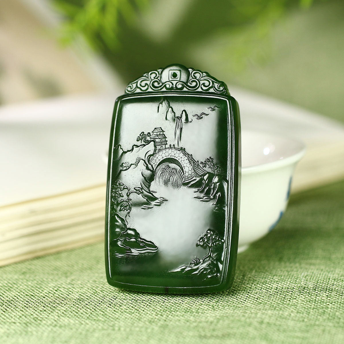 A0413 Superb Chinese Green Hetian Jade Carved Mountain River Scene Pendant