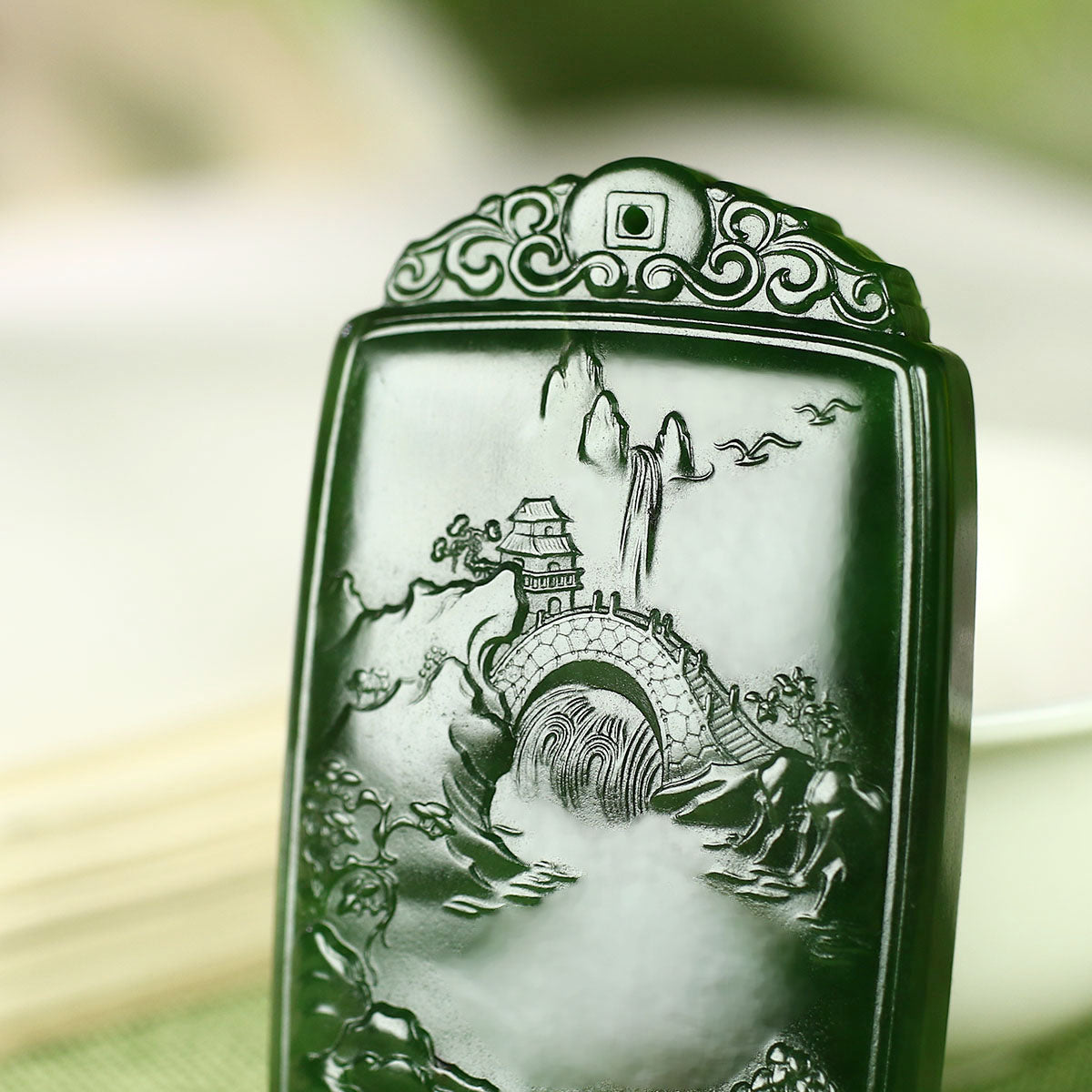 A0413 Superb Chinese Green Hetian Jade Carved Mountain River Scene Pendant