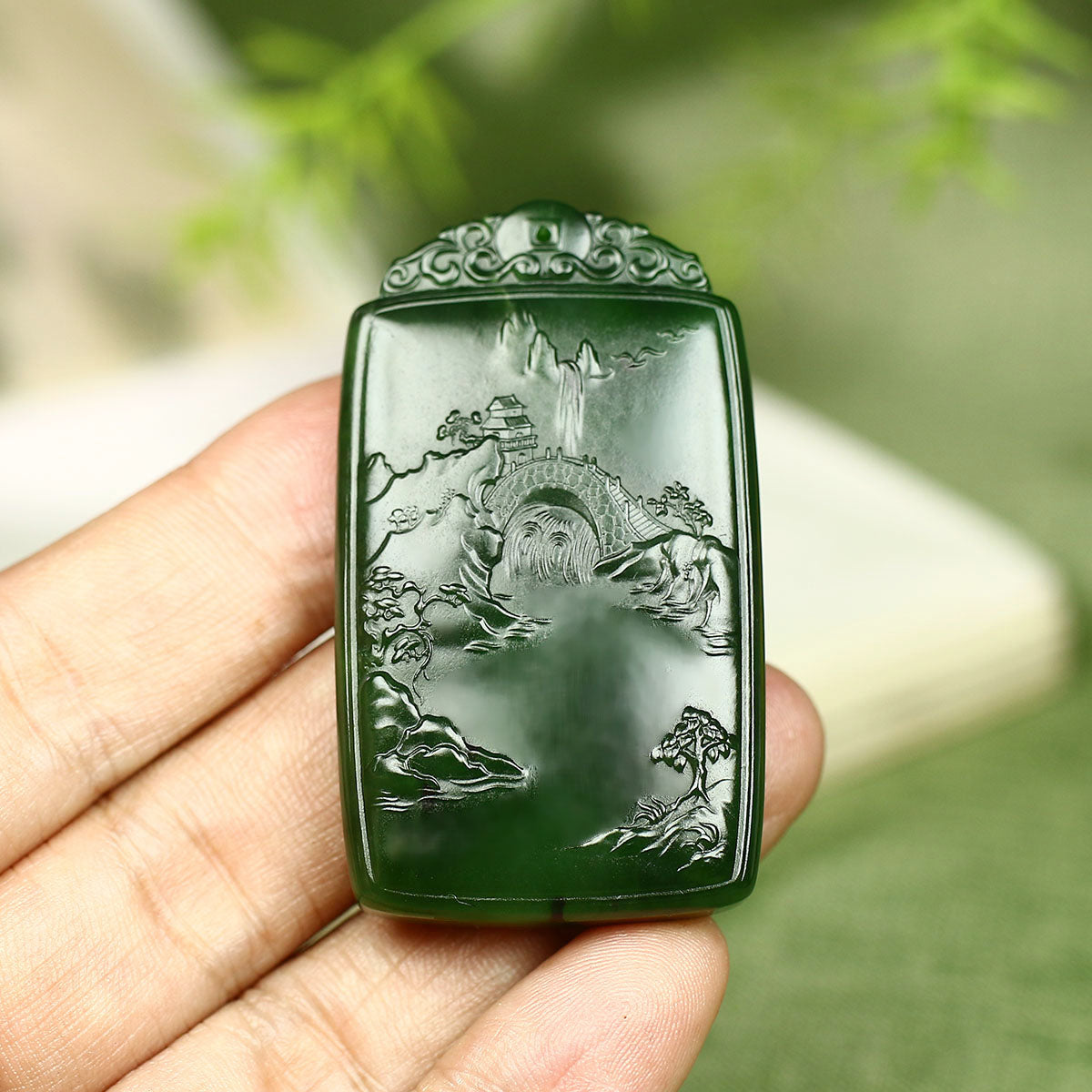 A0413 Superb Chinese Green Hetian Jade Carved Mountain River Scene Pendant