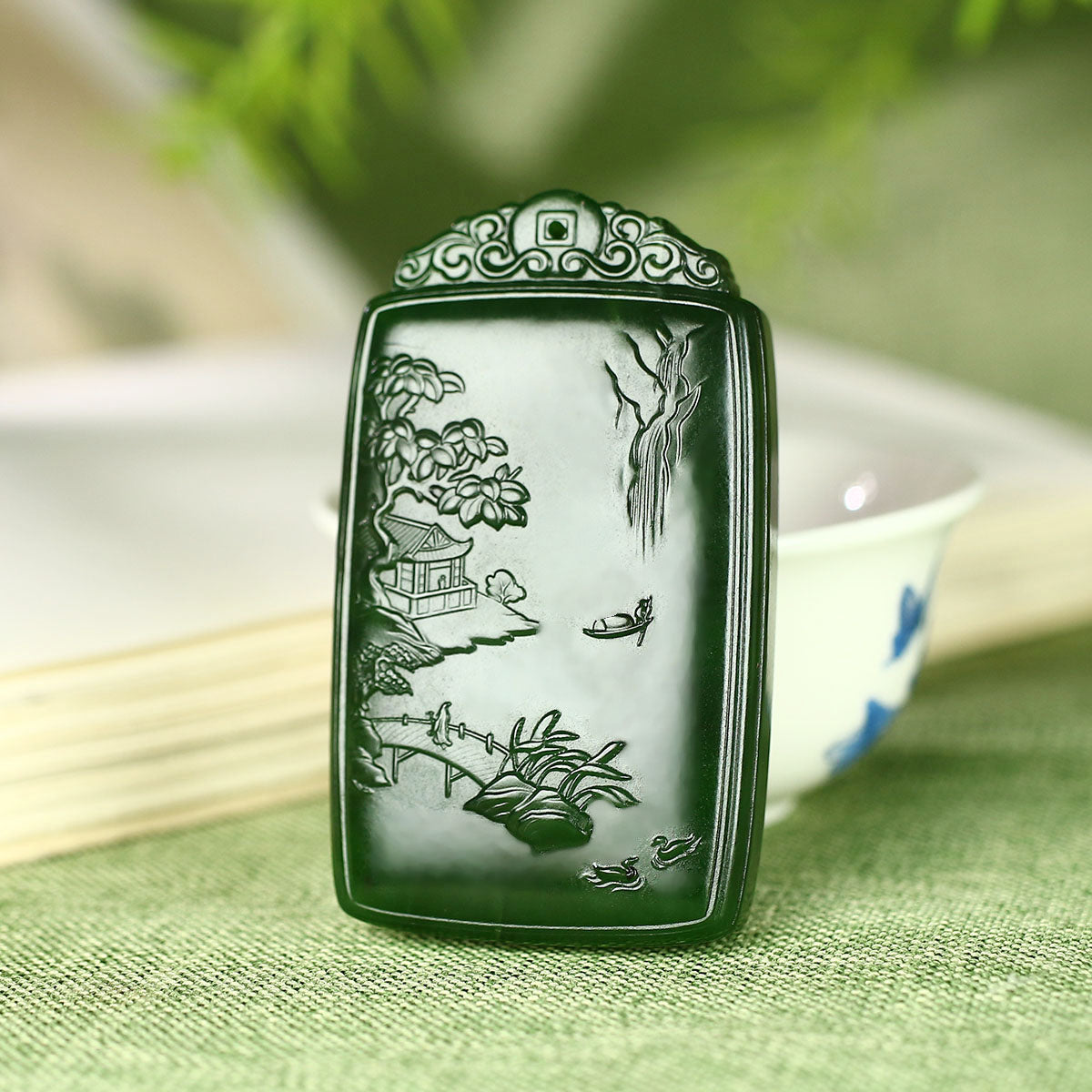 A0413 Superb Chinese Green Hetian Jade Carved Mountain River Scene Pendant