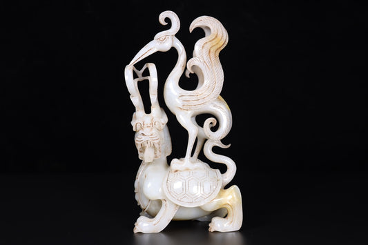 A0415 Old Chinese Hetian Jade Carved Crane & Dragon Turtle Statue