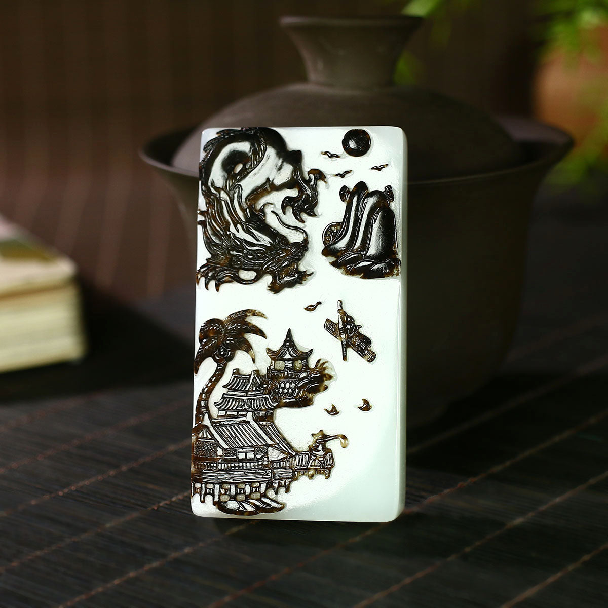 A0416 Exquisite Chinese Hetian Jade Hand Carved Fortune Dragon & Mountain River Scene Pendant