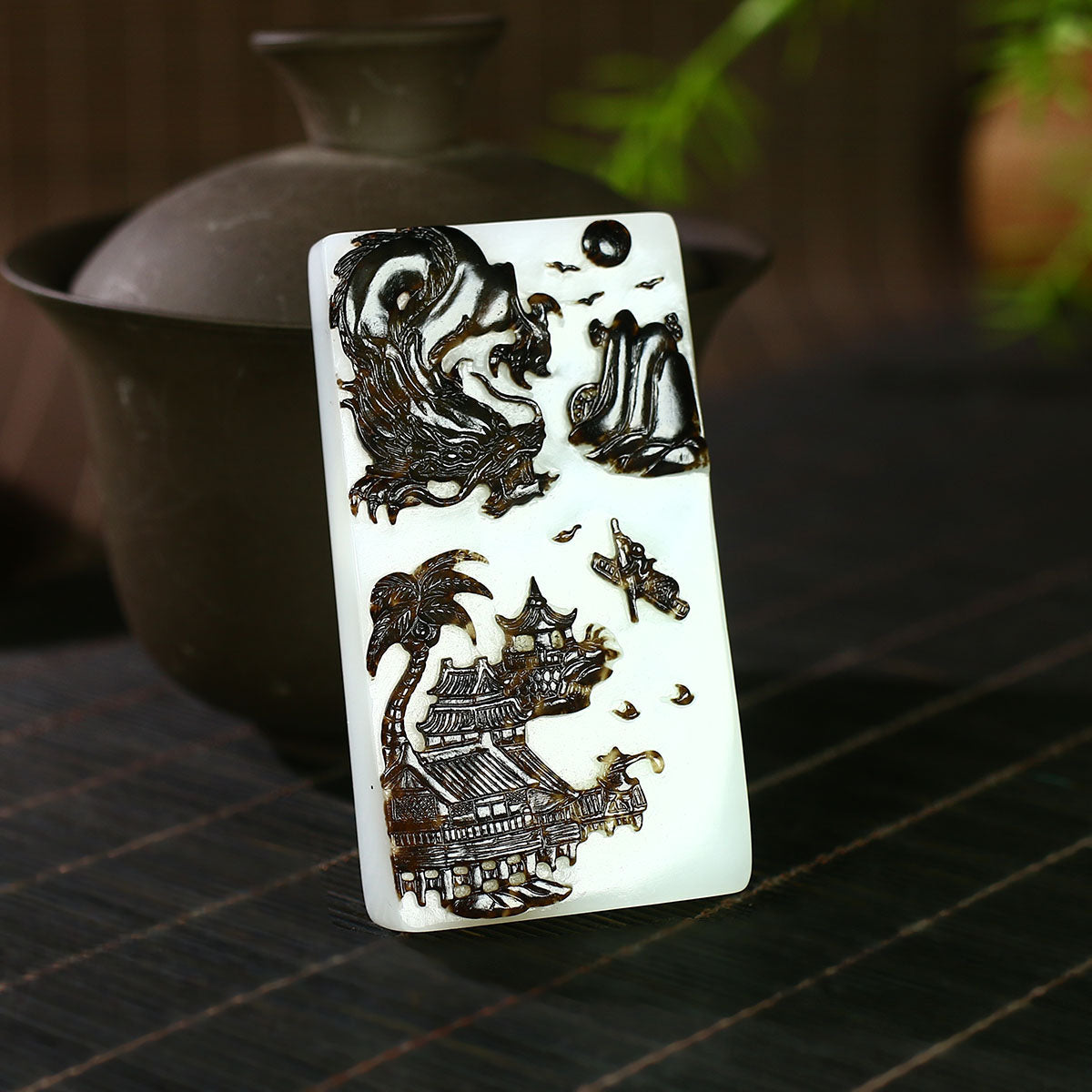 A0416 Exquisite Chinese Hetian Jade Hand Carved Fortune Dragon & Mountain River Scene Pendant