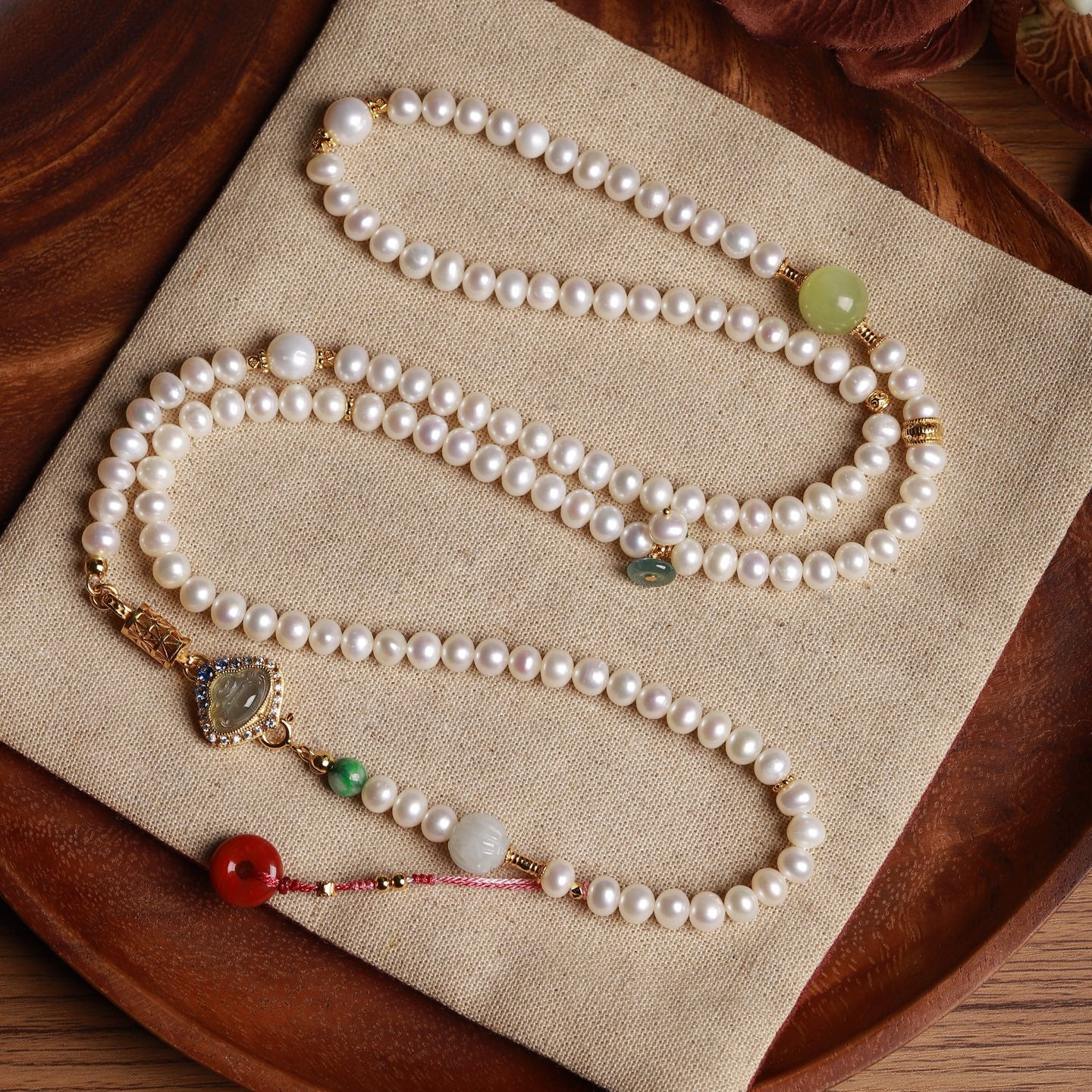 A0417 Beautiful 925 Silver Inlay Laughing Buddha & Nanhong Agate Pendant w Pearl & Jadeite Beads Necklace