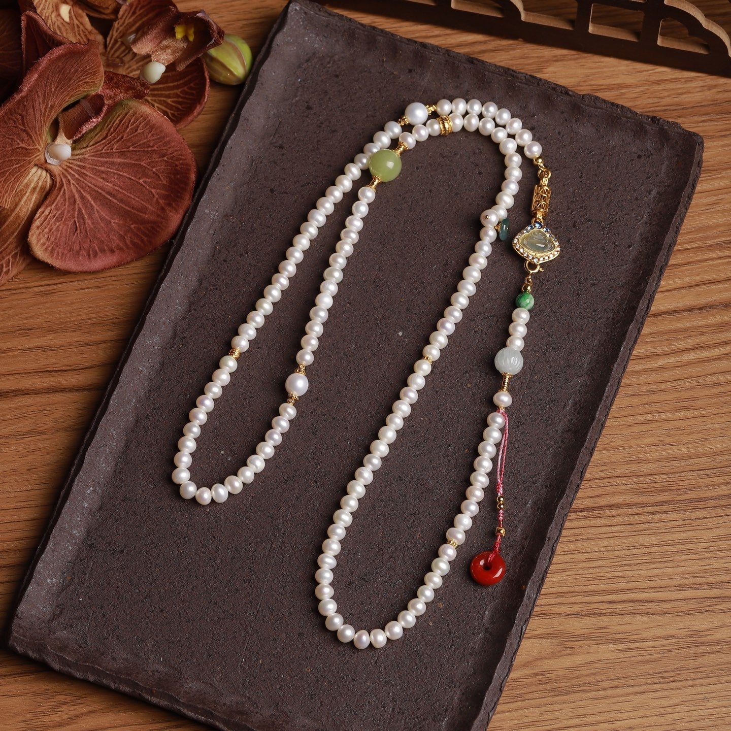 A0417 Beautiful 925 Silver Inlay Laughing Buddha & Nanhong Agate Pendant w Pearl & Jadeite Beads Necklace