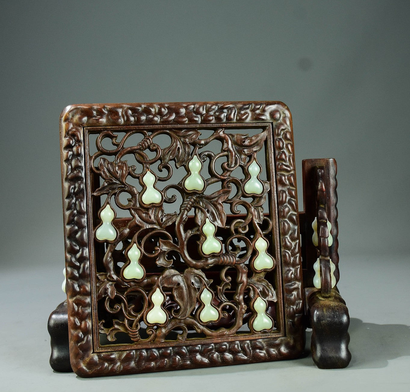 A0418 Openwork Chinese Huanghuali Wood Inlay Jade Gourd Screen