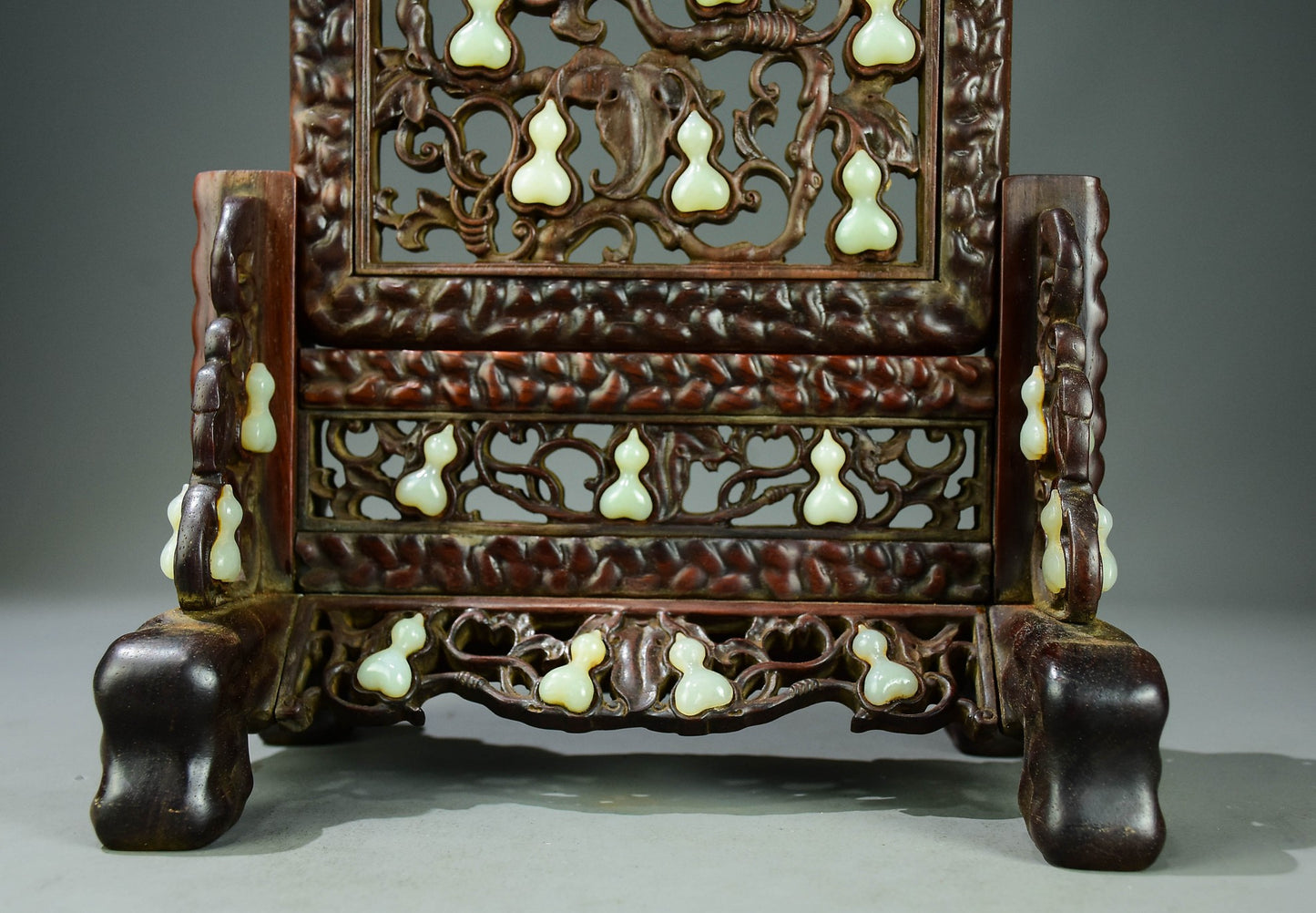 A0418 Openwork Chinese Huanghuali Wood Inlay Jade Gourd Screen