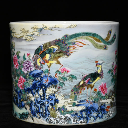 A0419 Chinese Famille Rose Phoenix & Peony Design Porcelain Brush Pot