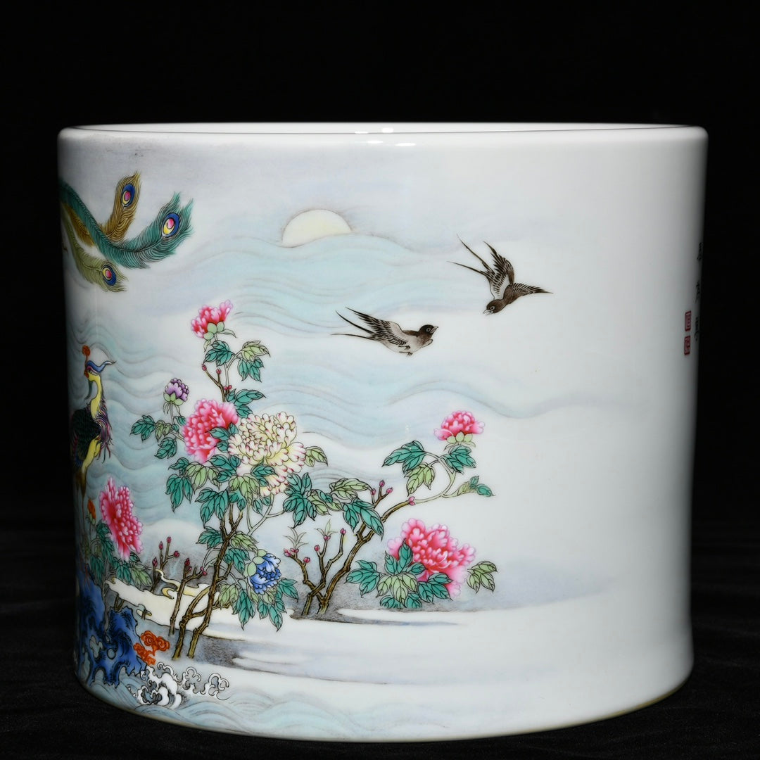 A0419 Chinese Famille Rose Phoenix & Peony Design Porcelain Brush Pot