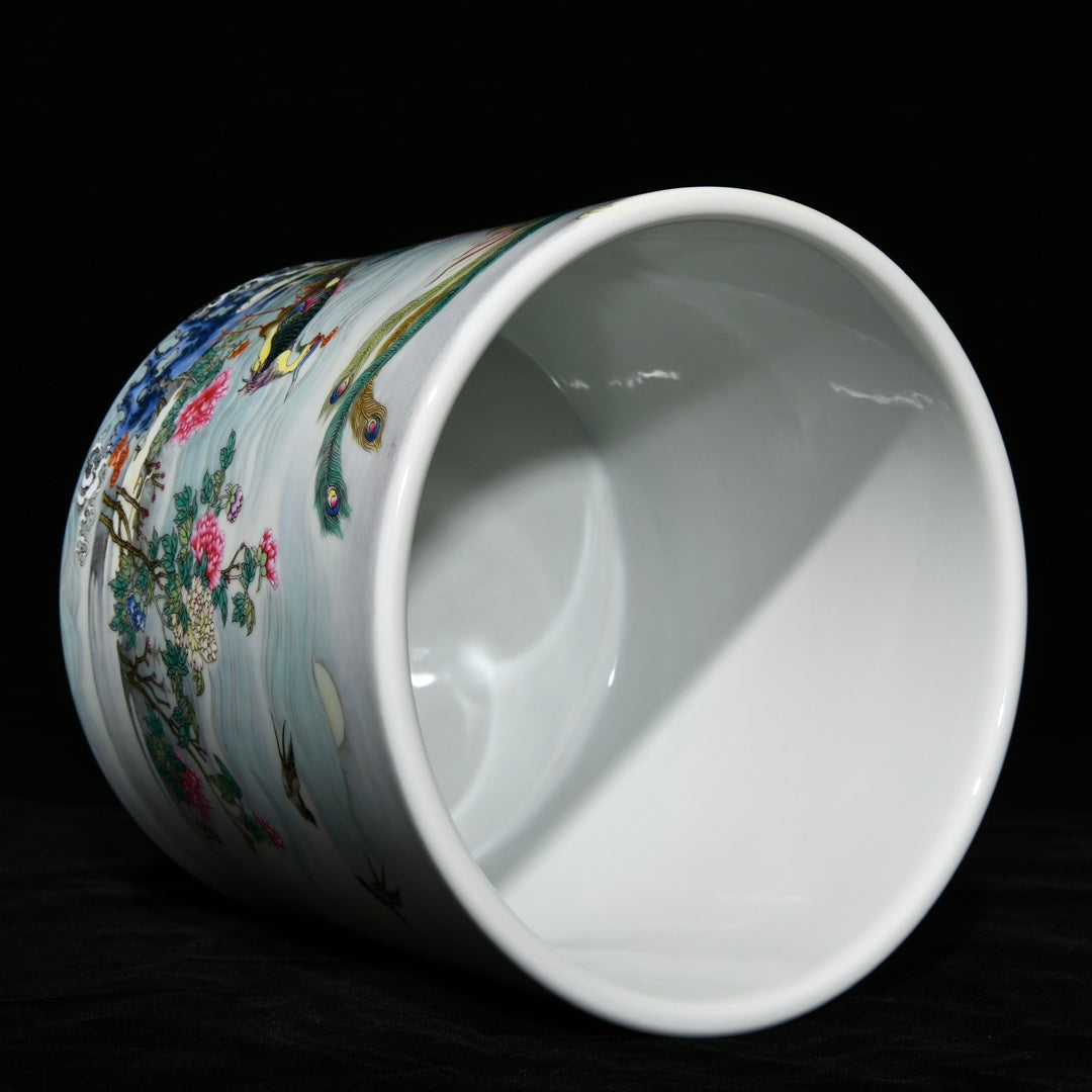 A0419 Chinese Famille Rose Phoenix & Peony Design Porcelain Brush Pot