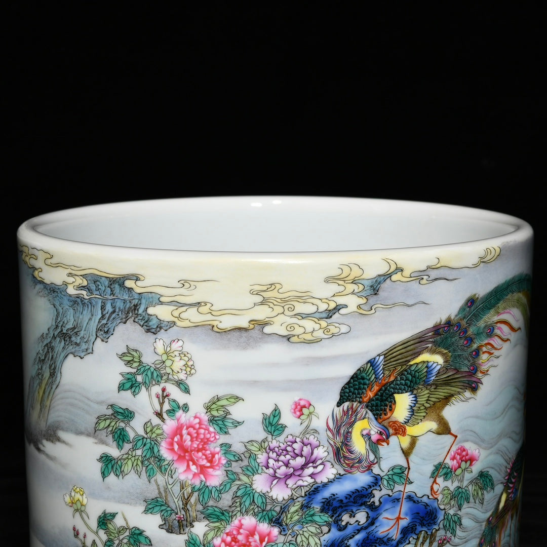 A0419 Chinese Famille Rose Phoenix & Peony Design Porcelain Brush Pot