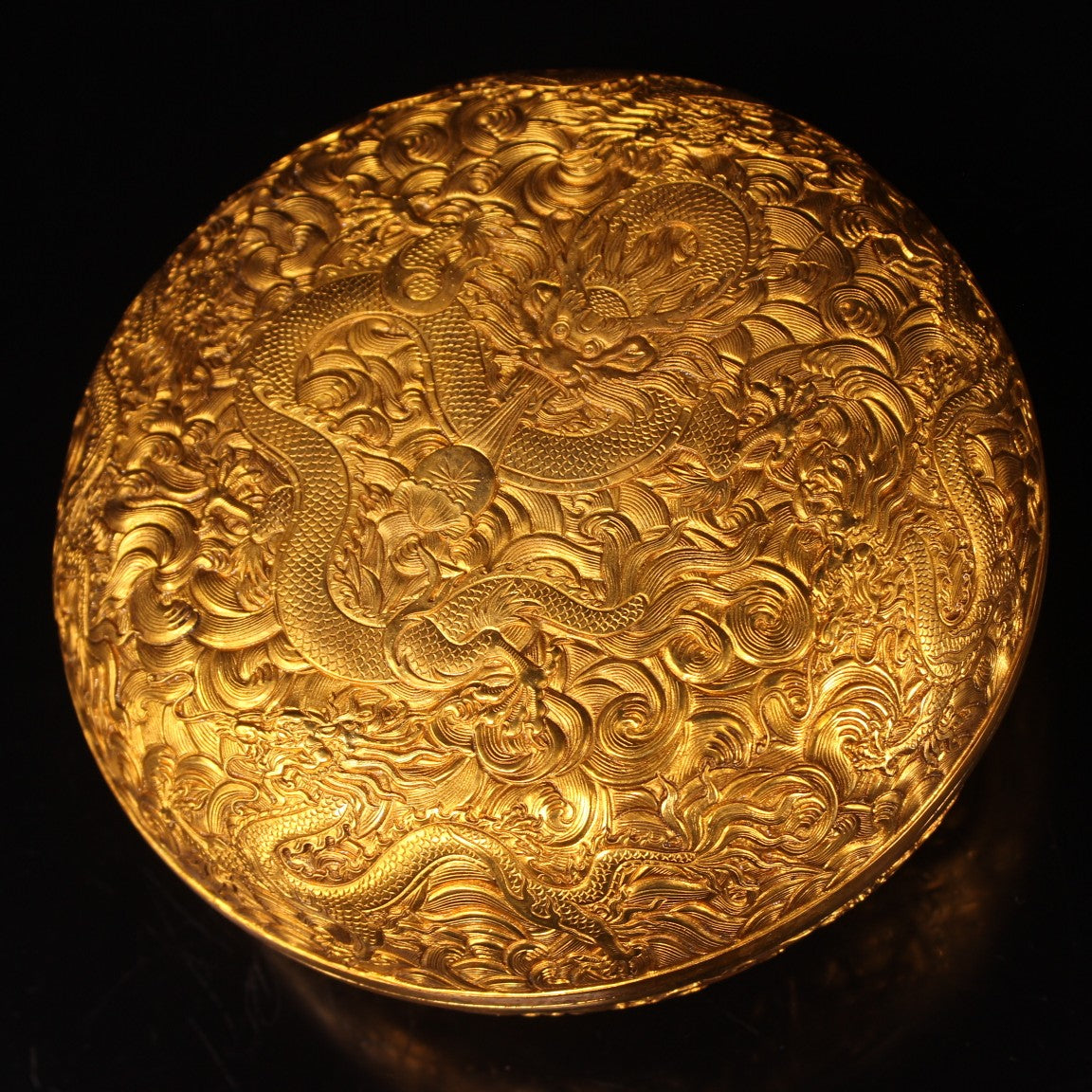 A0421 Vintage Chinese Gilt Gold Copper Low Relief Fortune Dragon Design Jewellery Box