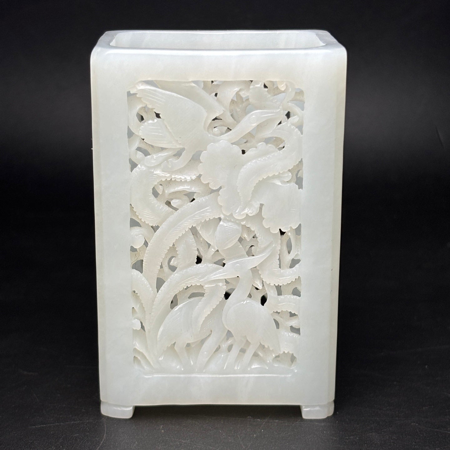 A0422 Openwork Chinese Natural White Hetian Jade Carved Crane Design Brush Pot