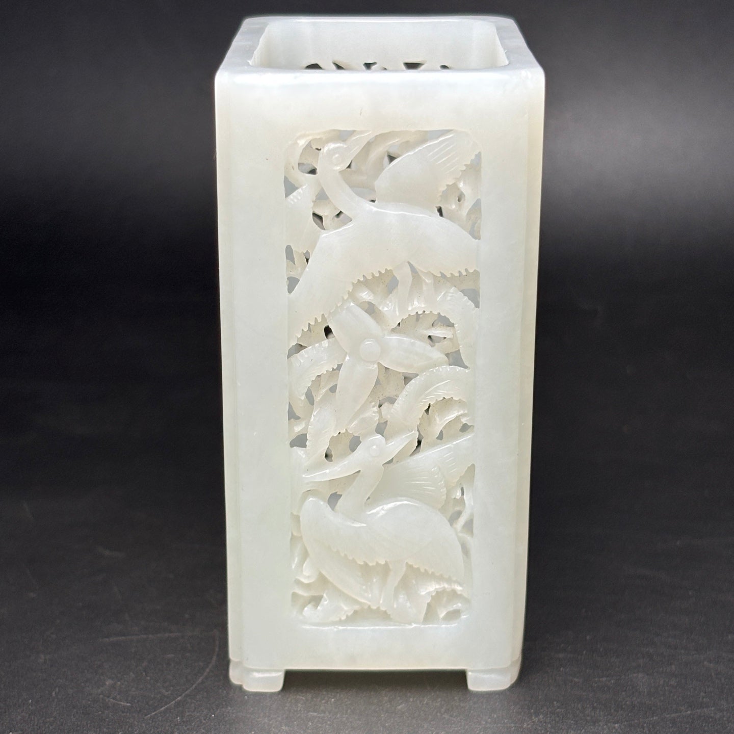 A0422 Openwork Chinese Natural White Hetian Jade Carved Crane Design Brush Pot