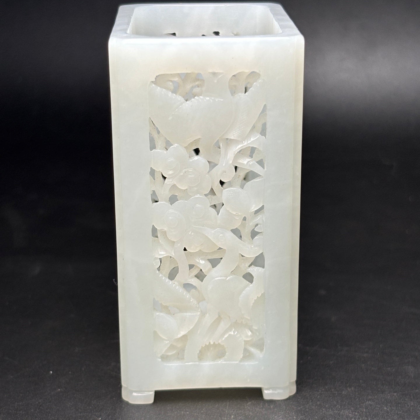 A0422 Openwork Chinese Natural White Hetian Jade Carved Crane Design Brush Pot