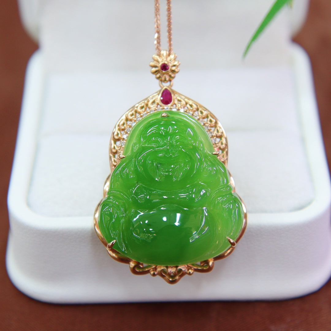 A0424 18K Gold Inlay Green Hetian Jade Laughing Buddha Pendant