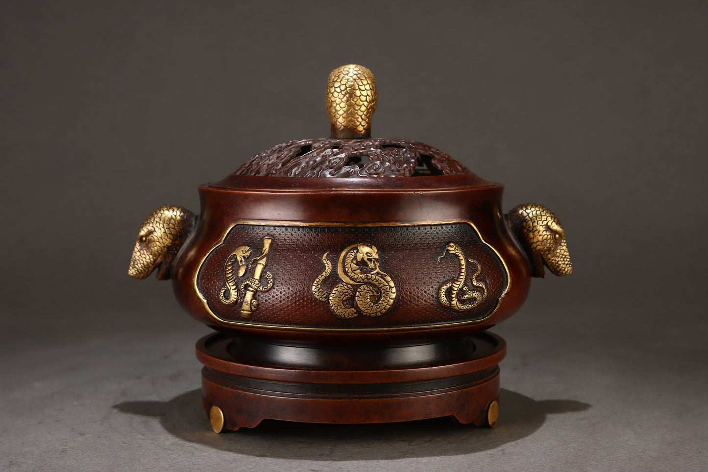 A0426 Vintage Chinese Gilt Gold Copper 12 Zodiacs Design Double Ears Incense Burner