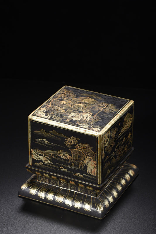 A0429 Vintage Chinese Gilt Gold Lacquerware Mountain River Scene Seal Box