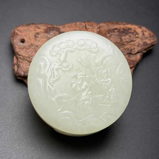 A0430 Chinese Natural Hetian Jade Carved Pine Tree & Figure Belt Buckle