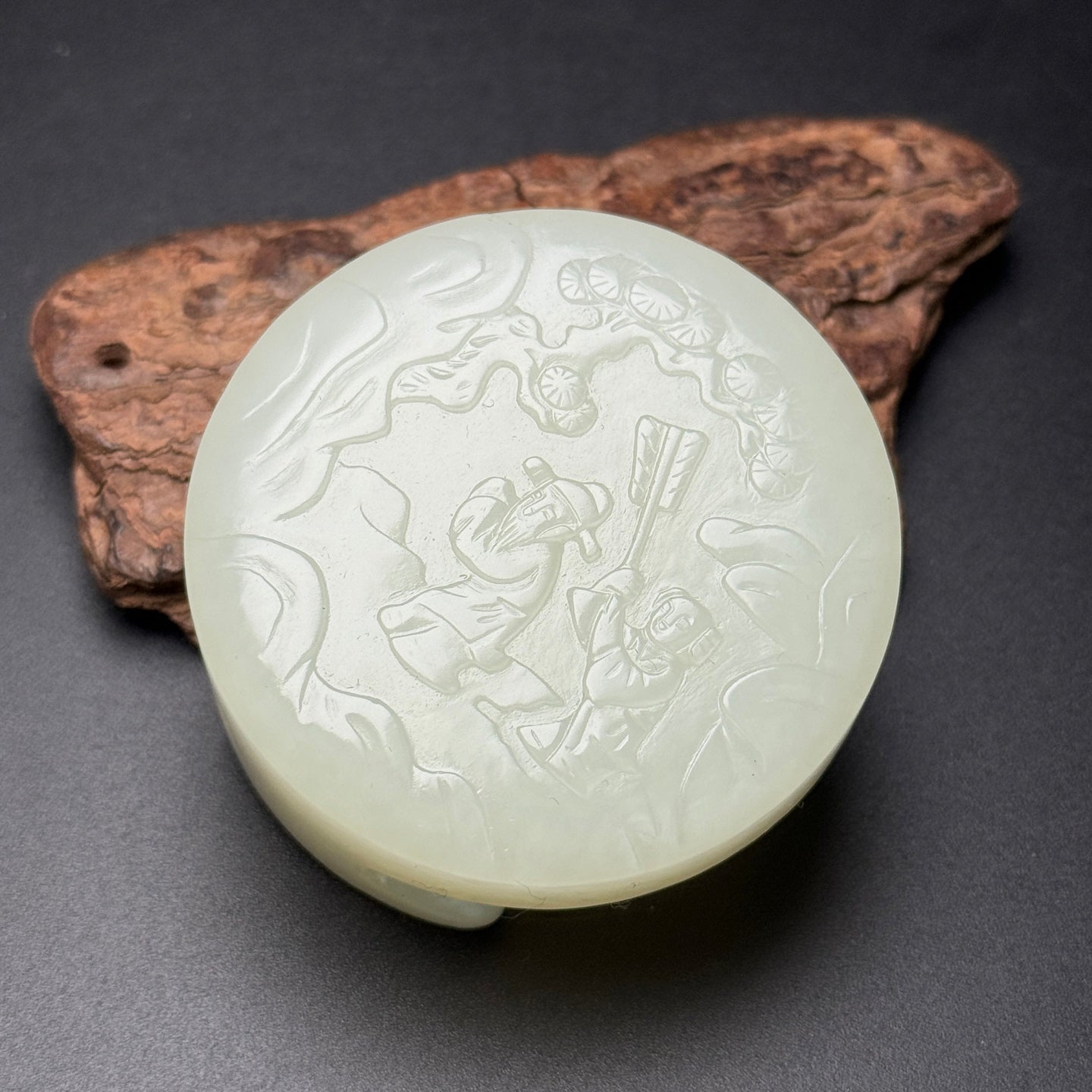 A0430 Chinese Natural Hetian Jade Carved Pine Tree & Figure Belt Buckle