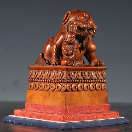 A0431 Old Chinese Boxwood Wood Carved Fortune Lion & Figure Seal w Box