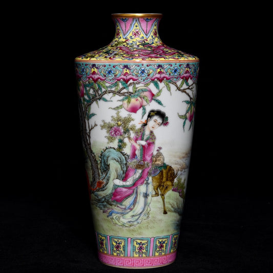 A0435 Chinese Gilt Edge Famille Rose Figure & Kylin Design Porcelain Vase