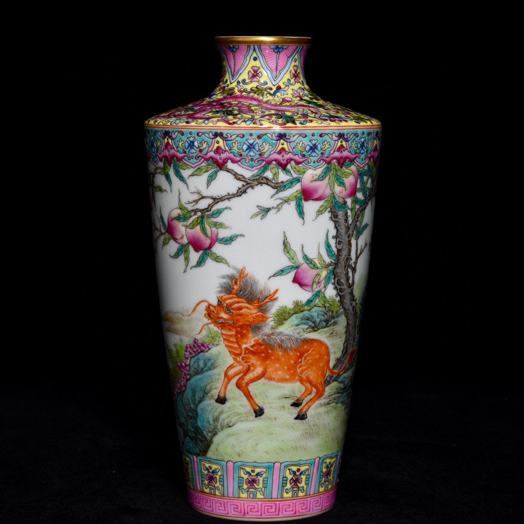 A0435 Chinese Gilt Edge Famille Rose Figure & Kylin Design Porcelain Vase