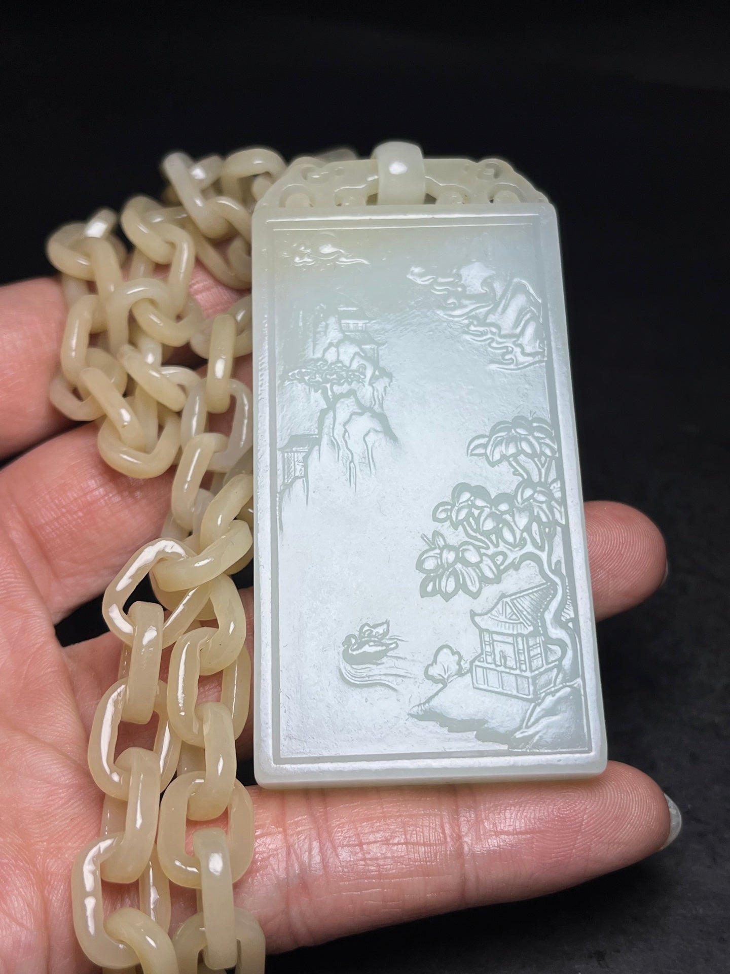 A0436 Chinese Natural Hetian Jade Carved Mountain River Scene Pendant w Chain Necklace