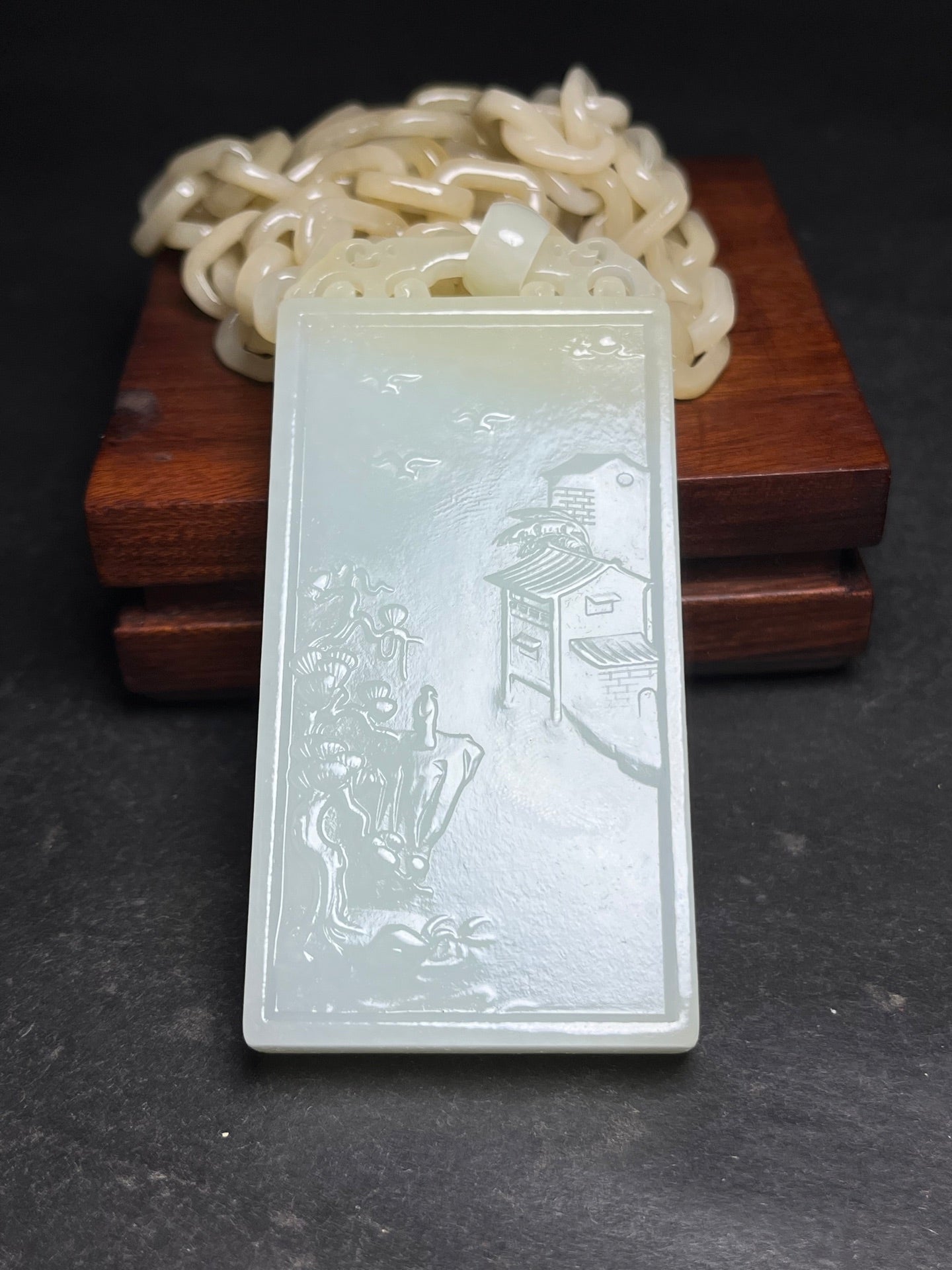 A0436 Chinese Natural Hetian Jade Carved Mountain River Scene Pendant w Chain Necklace