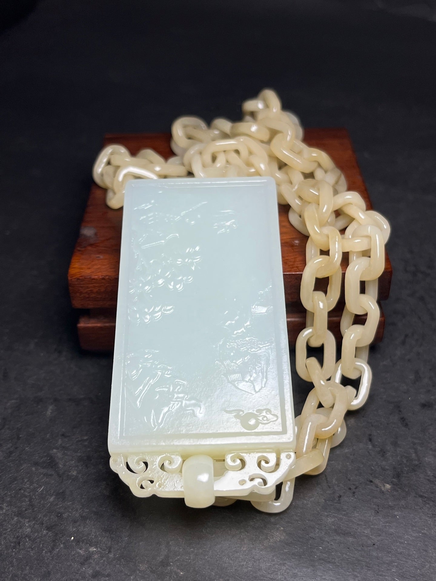 A0436 Chinese Natural Hetian Jade Carved Mountain River Scene Pendant w Chain Necklace