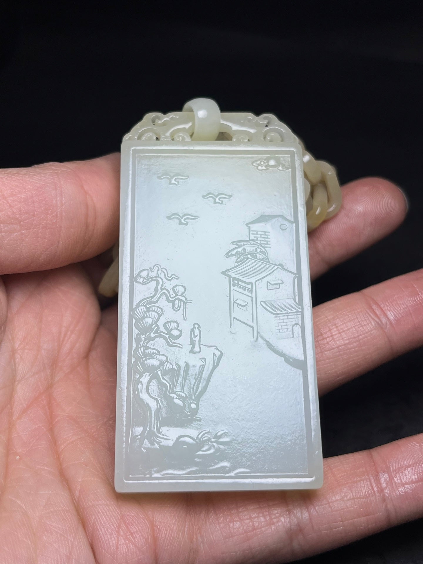 A0436 Chinese Natural Hetian Jade Carved Mountain River Scene Pendant w Chain Necklace