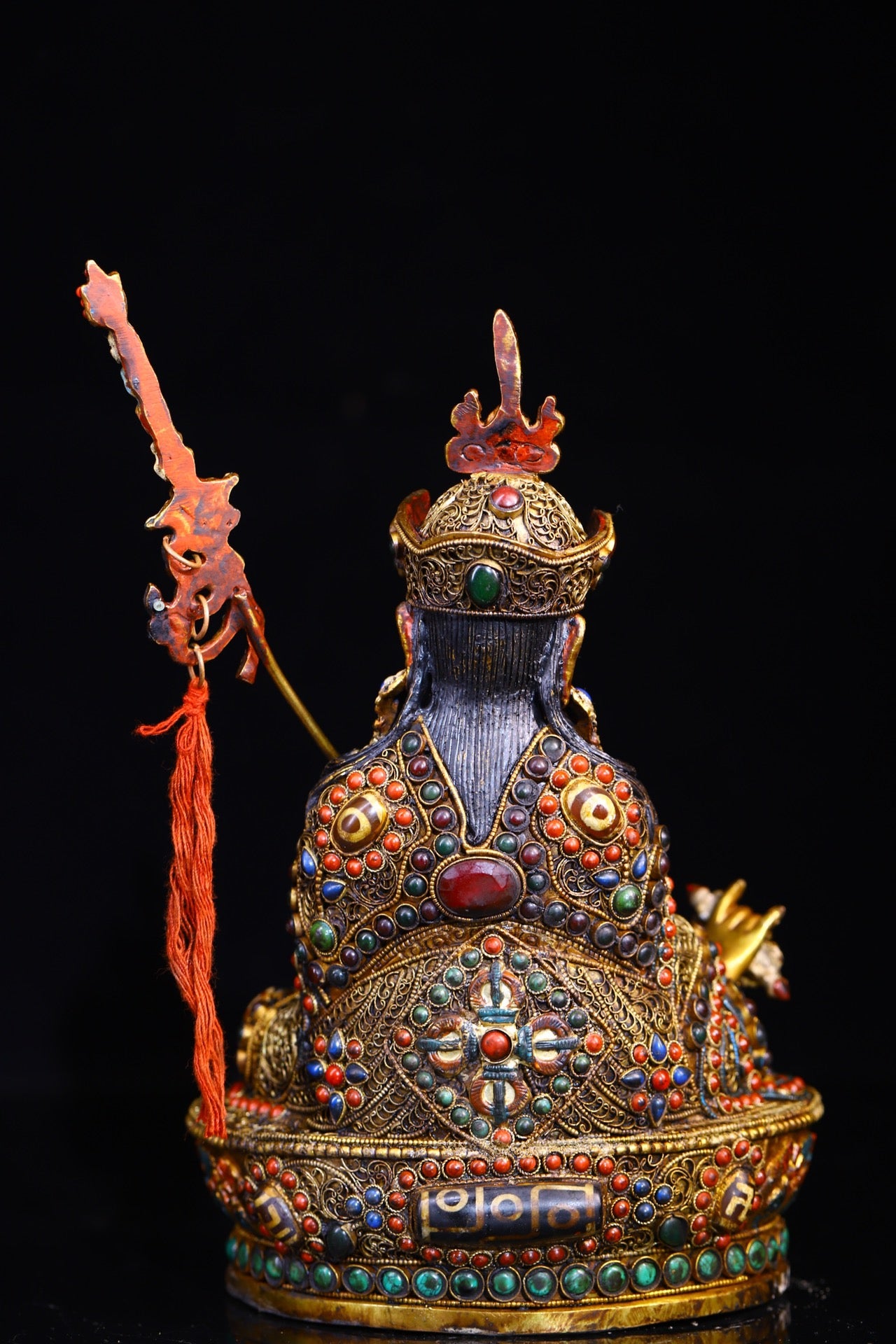 A0437 OId Tibetan Buddhism Gilt Gold Silver Inlay DZI Agate & Gem Guru Rinpoche Statue